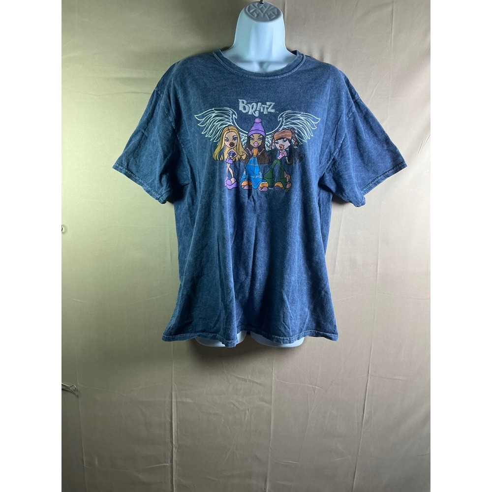 Bratz Graphic T-Shirt Blue Mineral Wash Angel Wings Large Y2K Style‎ Cotton
